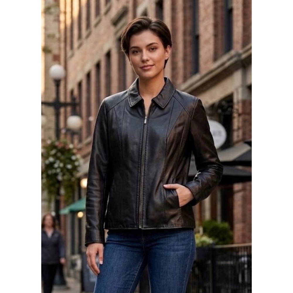 Preston & York Womens 2X Black Genuine Lambskin Leather Full Zip Jacket Coat